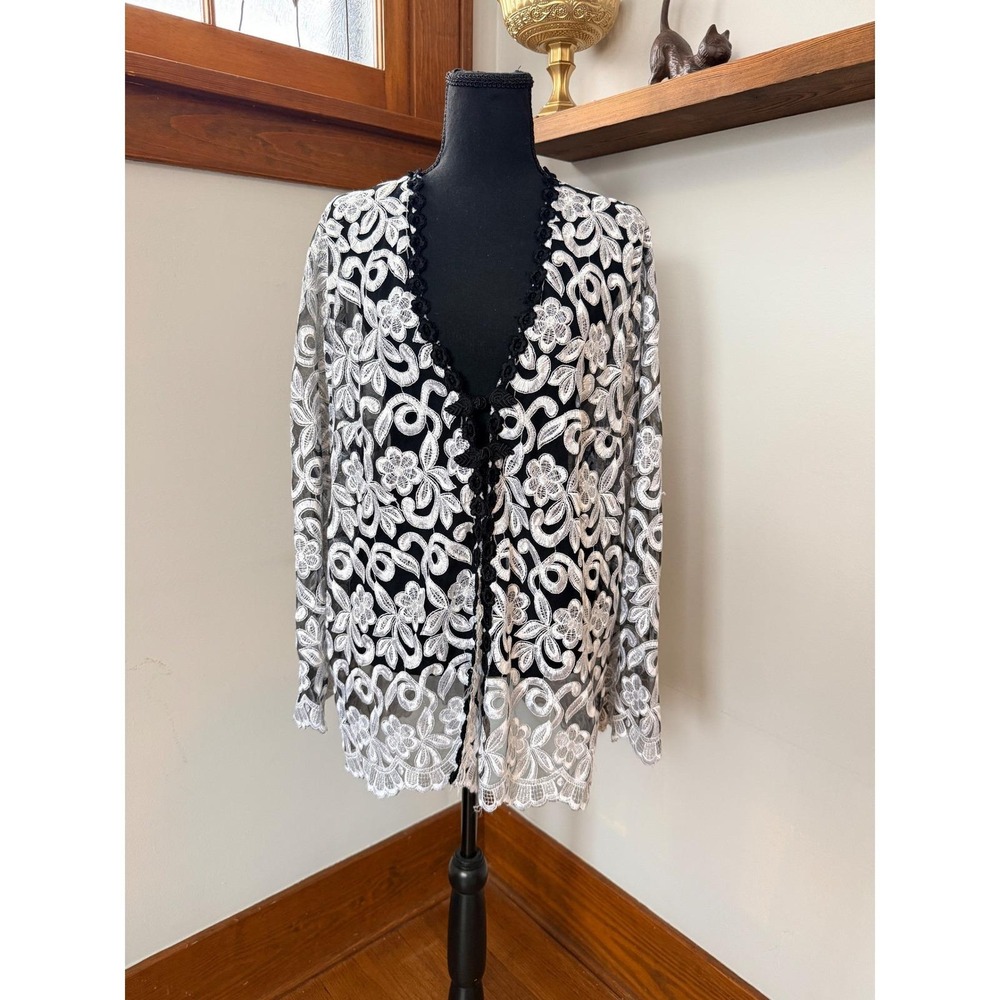 Vintage Floral Embroidered Lace Black White Sheer Cardigan Womens 2XL Whimsigoth